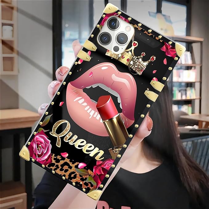 Compatible with iPhone 12 Case, Glitter Red Rose Queen Leopard Lipstick Luxury Golden Decoration for Girl Women Soft TPU Shockproof Protective Hard PC Back for iPhone 12 Pro