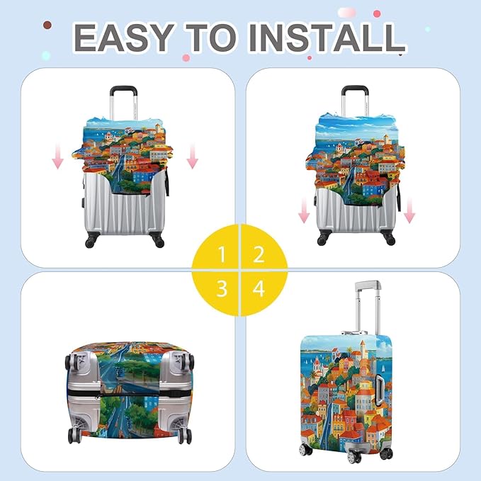 ANNA QUEEN Mediterranean Town Luggage Cover, Coastal City Suitcase Protector, Stretchable Washable Travel Cover for 32-34 Inch Luggage