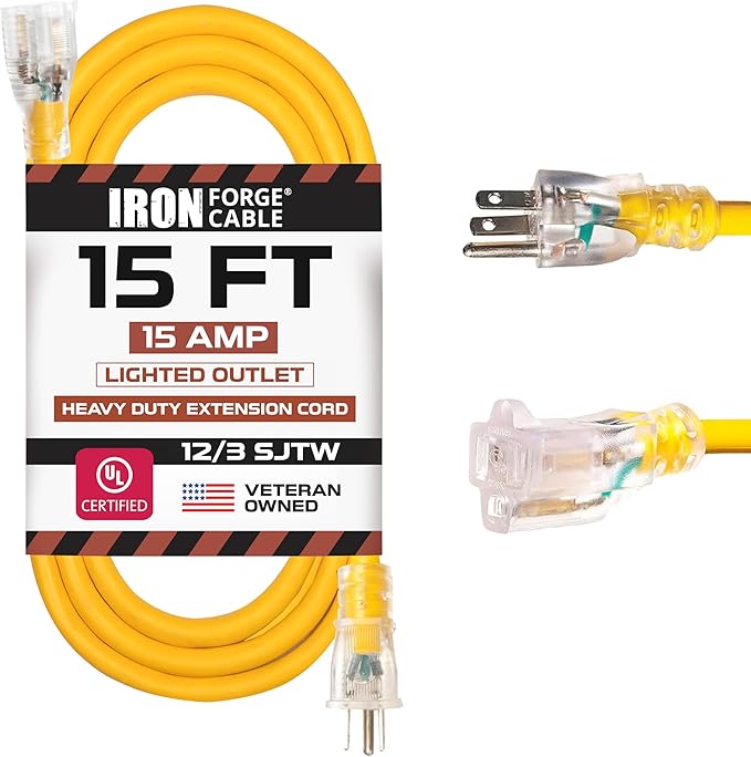 IRON FORGE CABLE 15 Foot Lighted Outdoor Extension Cord - 12/3 SJTW Heavy Duty Yellow Extension Cable with 3 Prong Grounded Plug for Safety, 15 AMP - Great for Garden and Major Appliances