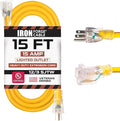 IRON FORGE CABLE 15 Foot Lighted Outdoor Extension Cord - 12/3 SJTW Heavy Duty Yellow Extension Cable with 3 Prong Grounded Plug for Safety, 15 AMP - Great for Garden and Major Appliances