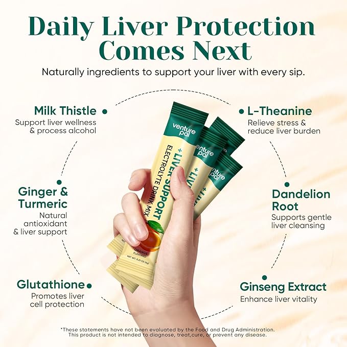 Venture Pal Hydration Packets + Liver Support- Liquid Daily IV Electrolyte Powder Packets with 7 Electrolytes & 5 Vitamins, Milk Thistle + L-Theanine | Sugar-Free | Keto Friendly | Vegan, 16 Sticks