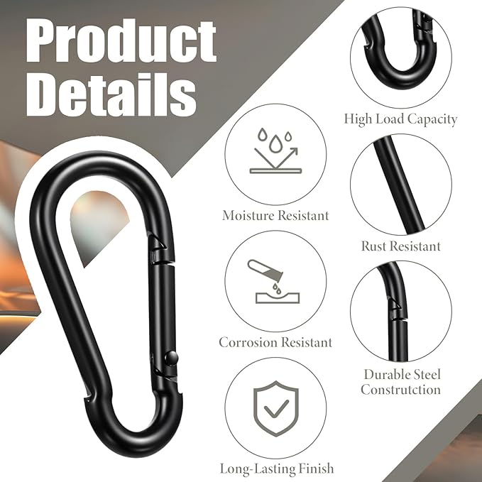 6 Pack Black Carabiner Clip, 2.36 Inch Heavy Duty Carabiner Clip Spring Snap Hook, Iron Heavy Duty Caribeaners for Key, Small Caribeener Clips for Outdoor Camping, Swing Set, Hammock, Hiking Travel
