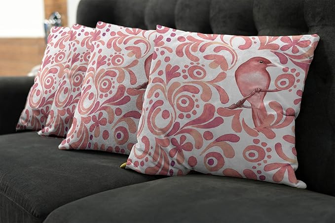 Ambesonne Watercolor Throw Pillow Cushion Case Pack of 4, Bird on Tree Branch Floral Swirls Curves Little Dots Wildlife, Modern Accent Double-Sided Digital Printing, 20", Rose White