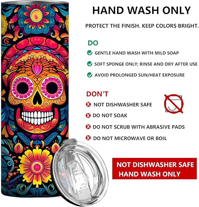 Firmiso 20 oz Tumbler｜Skinny Insulated Travel Mug｜Sugar Skull Floral Stainless Steel Cup with Leak Proof Lid and Telescopic Straw｜Colorful Gothic Boho Drinkware｜Gift Idea for Women Men