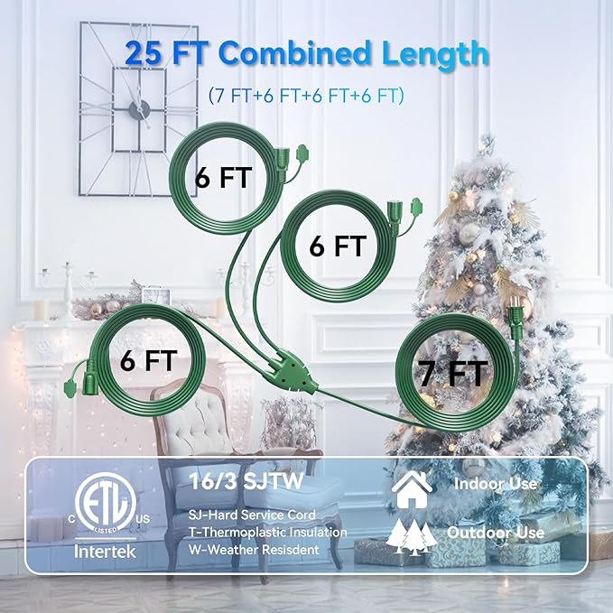 K KASONIC - 25FT Outdoor Extension Cord 1 to 3 Splitter, 3 Prong Outlets Plugs with Safety Covers, Weatherproof Extension Cord for Christmas Decorations, 16/3 SJTW, ETL Listed, Green