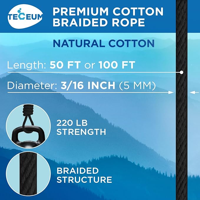 TECEUM Cotton Rope 3/16” (5 mm) – 300 FT – Strong All-Purpose Braided Rope – Natural Cotton – for Crafting, Сamping, Clothes Line, DIY, Indoor & Outdoor Use – Black