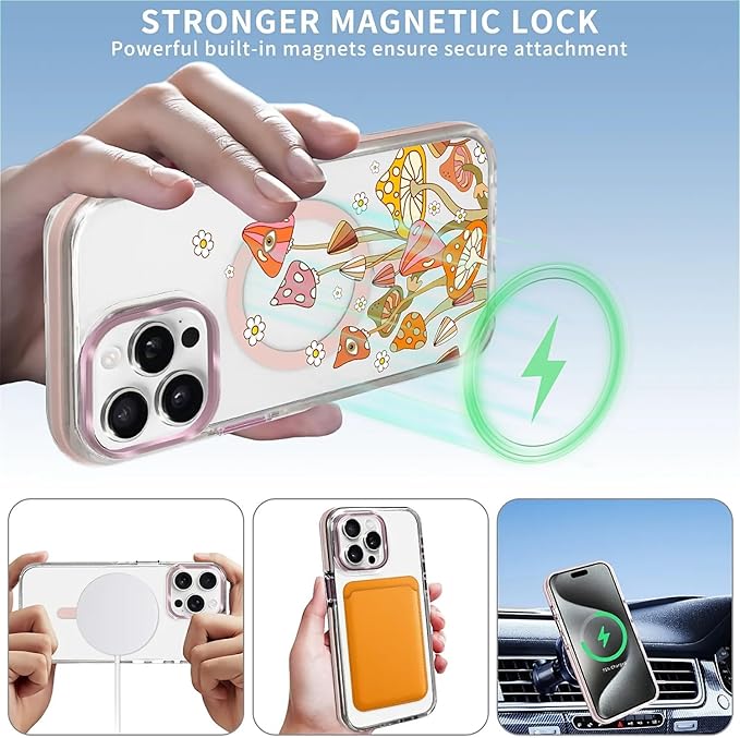 Case for iPhone 14 Pro,[Compatible with MagSafe],Retro Mushroom Sunflower Phone Case Design，for Women Girls Magnetic Clear Cover - Slim, Sleek, & Shockproof Protection