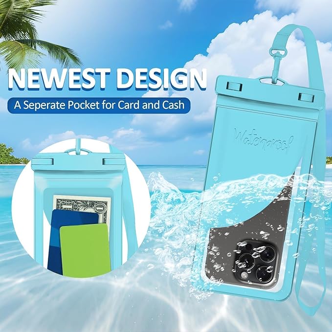 Waterproof Phone Pouch, with Interior Card Pocket, Large Waterproof Phone Case for iPhone 17 16 15 14 Pro Max, IPX8 Lightweight Cellphone Dry Bag, Beach Cruise Ship Essentials,2 Pack-Blue-8.3″