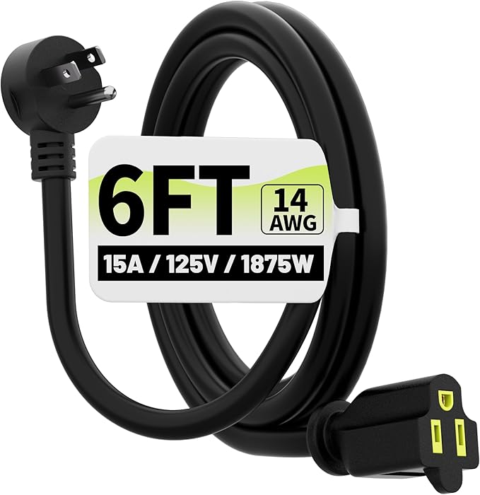 Vockjour 6 FT Black Low Profile Flat Plug 14 Gauge Heavy Duty Extension Cord, 14AWG 3-Wire Grounded Appliance Extension Cord, 15A/125V/1875W SJTW ETL Listed Power Cord