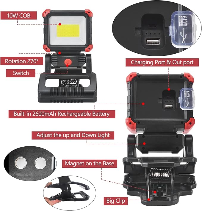 Tresda LED Rechargeable Work Light with Clamp, 2100LM Super Bright COB Magnetic Work Light with 3 Light Modes, 270° & 180° Rotation, Waterproof, Perfect for BBQ, Jobsite, Workshop, Car Repairing