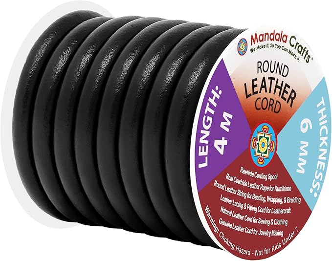 Mandala Crafts Round Genuine Black Leather Cord for Jewelry Making – 6mm Cowhide Leather Rope String Lace for Kumihimo – 4.4 Yards Cowhide Craft Cording Spool
