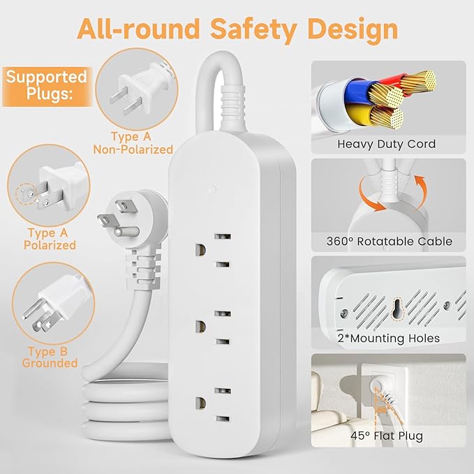 Outdoor Power Strip Weatherproof 3 FT Extension Cord Waterproof Surge Protector Power Strip, 3 AC Outlets, 1625W Overload Protection, for Camping, Home, Office, Garden, FCC UL Listed