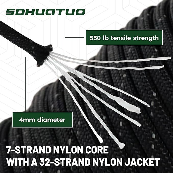 SDHUATUO Paracord Rope 200FT, 550lb Type III Nylon Parachute Cord 7-Strand Core with Reflective Strips, Utility String for Survival, Camping Gear, Hiking, DIY, Crafting, Outdoor, Black