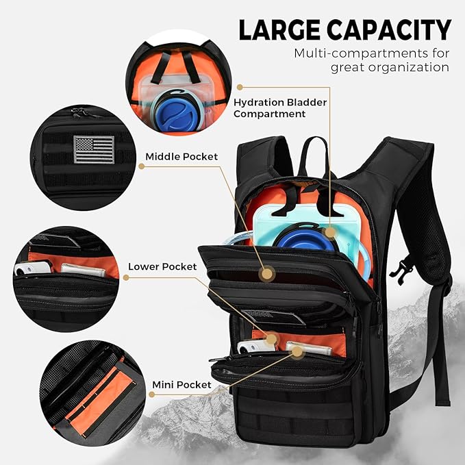 Koculemi Tactical Hydration Backpack with 2L Water Bladder and Front Small Tactical Pouch, Outdoor Water Backpack for Men Women, Sports Hydration Pack for Hiking, Cycling, Climbing