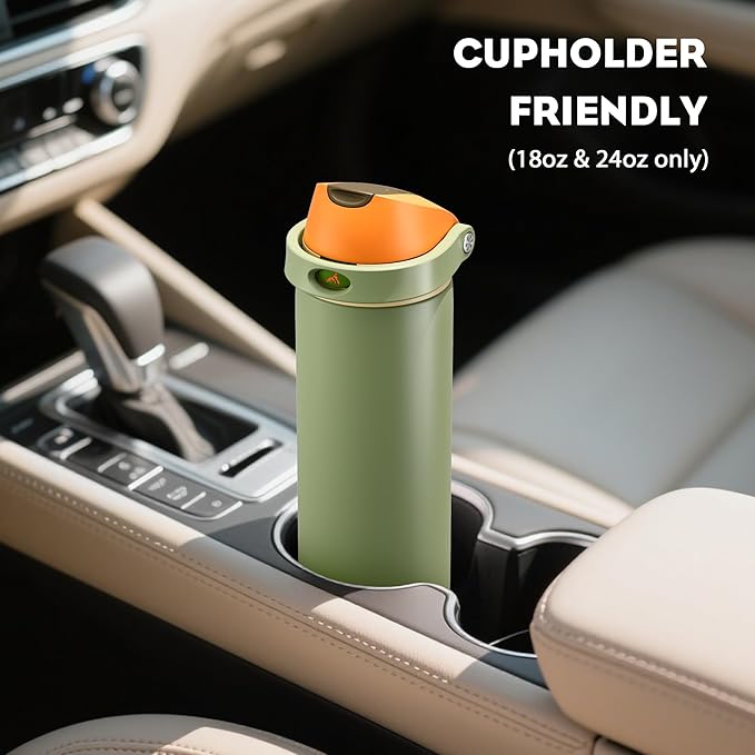 POWCAN 18 oz Metal Sports Water Bottle: 2-in-1 Push-Button Spout & Quick-Flip Straw, Leakproof, Cold 24 Hrs, Fits Car Cup Holder, Insulated Bottle for Hiking, Camping, School, Travel Gift (Olive Cool)