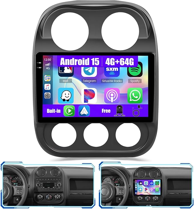5Ghz WiFi [4G+64G] Android 15 Car Radio for Jeep Compass Patriot 2010-2016 Car Stereo with Wireless Carplay/Android Auto, 10 Inch HD Touch Screen with GPS Bluetooth FM/RDS EQ SWC Backup Camera MIC