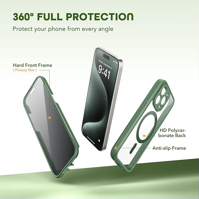 TIESZEN for iPhone 15 Pro Case, Compatible with MagSafe, Built-in Privacy Screen Protector and Camera Protection, Anti Spy Full Body Dustproof Shockproof Hard Phone Case 6.1", Deep Green
