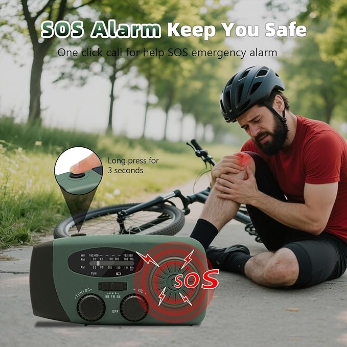 WVL 7400mWh Emergency Weather Radio, Portable Solar Hand Crank Radio AM/FM/NOAA, with 3 Mode Flashlight & Reading Lamp, Cell Phone Charger and SOS Siren(Navy Green)