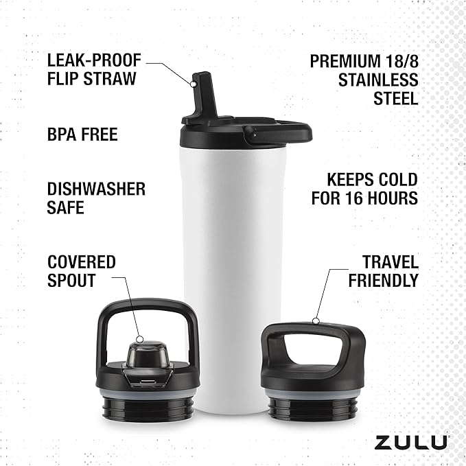 ZULU Base 18oz Kids Stainless Steel Water Bottle with 3 Lids- Straw, Chug, Twist | Double Walled and Vacuum Insulated Metal Thermos | Fits Car Cupholder, Built in Carry Loop, Dishwasher Safe, White
