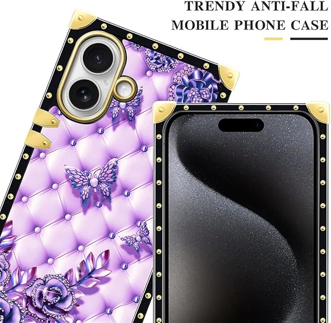 for iPhone 17 Case Luxury Golden Decoration for Girl Women Soft TPU Shockproof Protective Hard PC Back for iPhone 17 Crazy Pattern Purple Butterfly Flowers Leaf