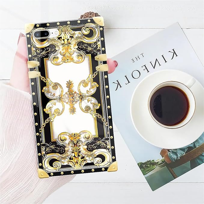Compatible with iPhone 8 Plus 7 Plus Case, Gold Grain Flowers Luxury Golden Decoration for Girl Women Soft TPU Shockproof Protective Hard PC Back for iPhone 8 Plus 7 Plus