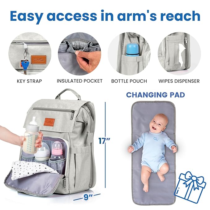 Baby Shower Gifts Diaper Bag Backpack, Baby Diaper Bag, Large Baby Bag for Boys & Girls, Waterproof, 16 Pockets, Insulated Bottle Holders, Durable,Travel-Friendly & Lightweight,Easy Organization,Beige