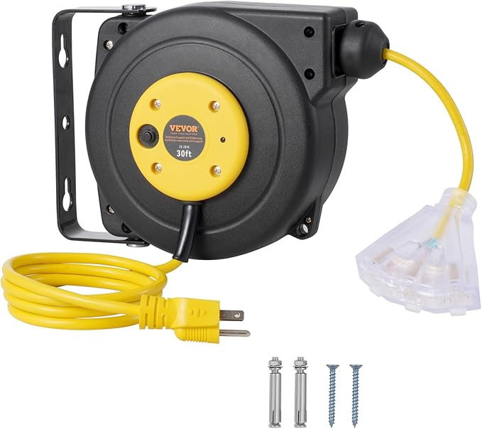 VEVOR Retractable Extension Cord Reel, 30 FT, Heavy Duty 16AWG/3C SJTOW Retractable Power Cord Reel with Lighted Triple Tap Outlet 10 Amp Circuit Breaker 4.5FT Lead-in Cord, for Ceiling or Wall Mount