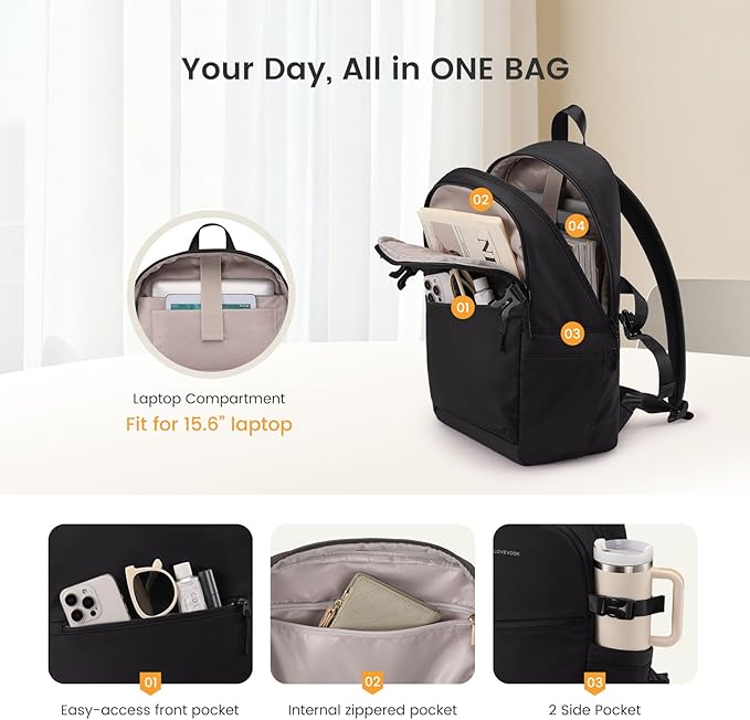 LOVEVOOK Everyday Backpack for Women, Chic Versatile Backpack with Water Bottle Pocket, Lightweight Waterproof Casual Daypack for City Work Commute, College, Travel & Gifts, Black