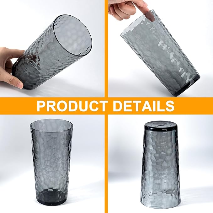 24-ounce Plastic Tumblers, Acrylic Drinking Glasses High-Balls, set of 8 Grey, Reusable Plastic Cups, Hammered Style Stackable, BPA-Free, Shatter-Proof, Dishwasher-Safe