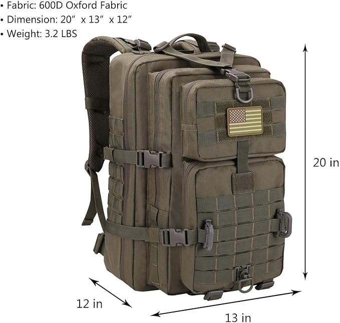 Hannibal Tactical MOLLE Assault Backpack, Tactical Backpack Military Army Camping Rucksack, 3-Day Pack Trip w/USA Flag Patch, D-Rings, Olive