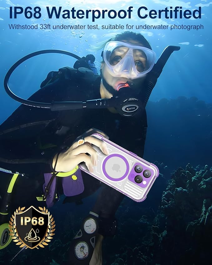 for iPhone 15 Pro Waterproof Case with Magsafe, Built-in [Camera & Screen Protector] [Lanyard], IP68 Water Proof Full Body Dustproof Heavy Duty Frosted Protective Phone Cover, 6.1" Purple