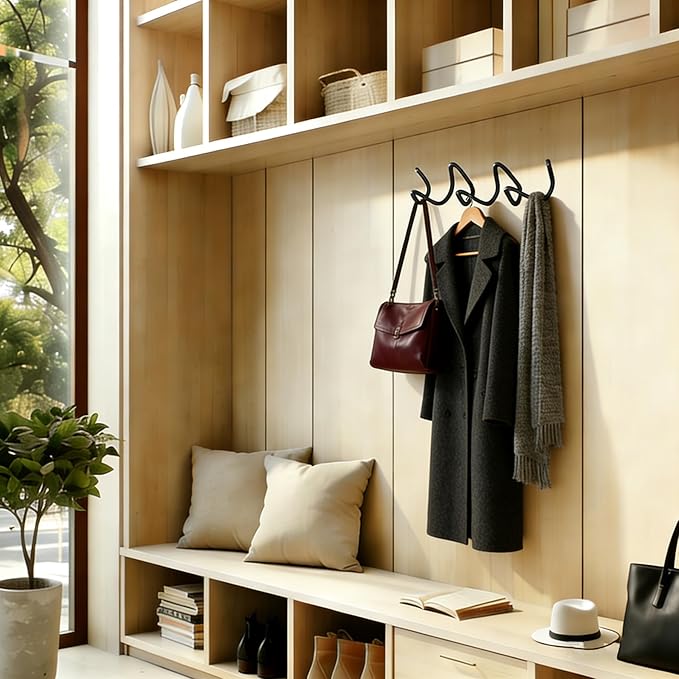 Black Wall Mounted Coat Rack, Decoration Wave Shaped Wall Hooks, Multi-Purpose Hooks for Coat, Hat, Bag, Umbrella, Heavy-Duty Metal Rail for Bedrooms, Living Rooms, Bathrooms(11.81" x 2.56")