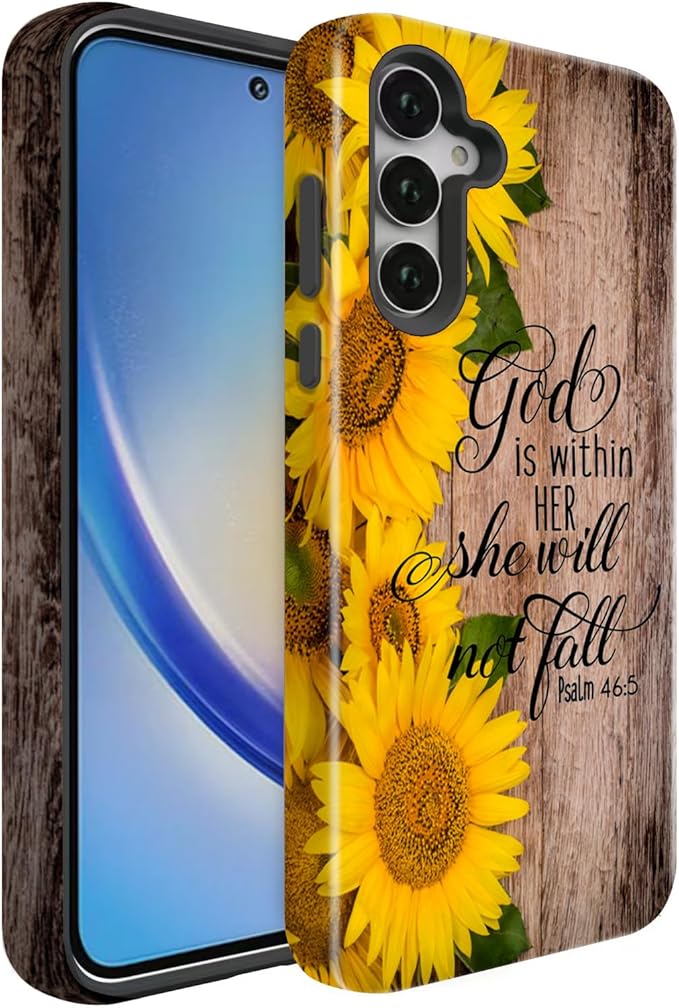 Compatible for Samsung Galaxy S24 Ultra 5G Case, Dual Layer Heavy Duty 2 in 1 Shockproof Protective Phone Case,Bible Verses Psalm 46:5 Wood and Sunflower
