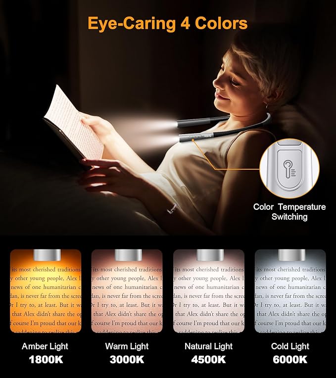 Gritin Book Light, Eye Caring 4-Color & 5-Brightness Neck Light Reading Light- Stepless Dimming,30-min Timer,80+ Hrs Runtime,Bendable Round Neck Design, Lightweight for Reading, Knitting, Repairing