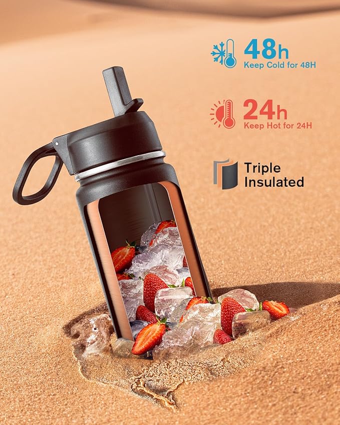 Coolflask Water Bottle 24 oz Insulated with Straw, Stainless Steel Metal 3 Lids Water Flask Wide Mouth for Sports or Office, Non-BPA Keep Cold Up to 48 Hrs or Hot Up to 24 Hrs, Magic Black