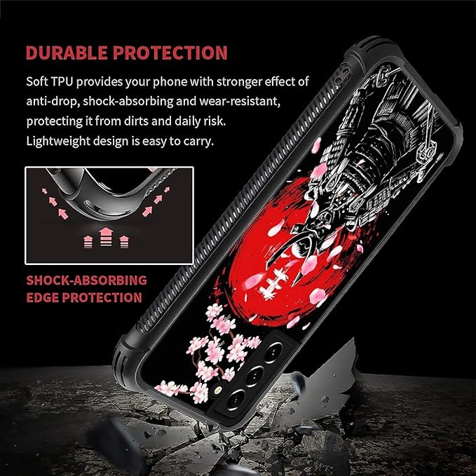 for Samsung Galaxy S22 Case, Sakura Japanese Samurai Pattern Graphic Design Girl Boy Soft Silicone Hard Acrylic Shock Protection for Samsung Galaxy S22