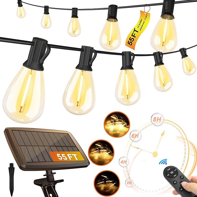Stright 55FT Solar String Lights Outside Remote Control with USB Charging Port E12 S14 Bulbs, 55 Feet 15 Sockets Outdoor Lights Dimmable Solar Power LED Bulbs for Patio Garden Market Bistro Backyard