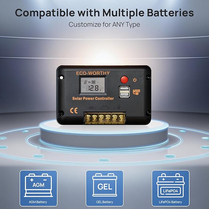 ECO-WORTHY 30A Solar Charger Controller Bluetooth,Solar Panel Battery Intelligent Regulator with Dual USB Ports Auto 12/24V PWM Negative Ground for Lithium,Lead-Acid,Gel Battery