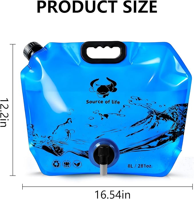Collapsible 8L Water Storage Bag, BPA-Free Portable Folding Water Jug with Adjustable Faucet, Leakproof Emergency Water Bag for Camping, Hiking, Riding, Outdoor Sport (1, Blue)