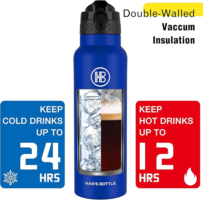 Han's Bottle Sports Water Bottle - 24 Oz, Straw Lid, Leak Proof, Vacuum Insulated Stainless Steel, Double Walled, Thermo Mug,Klein Blue