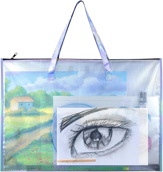 BUSOHA Large Clear Mesh Vinyl Bag with Handle and Zipper,19"X 25" Waterproof Art Storage Bag for Artworks, Charts and Teaching Material Multipurpose
