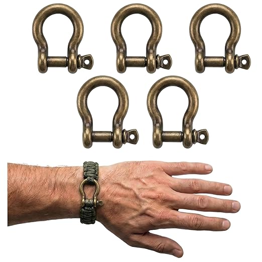 Antique Brass 5/32" Bow Shackle, 5 Pack with Tool, 1433lbs D-Ring Shackle Clasp, Small Stainless Style Anchor Shackle for Paracord Bracelet, Survival Gear