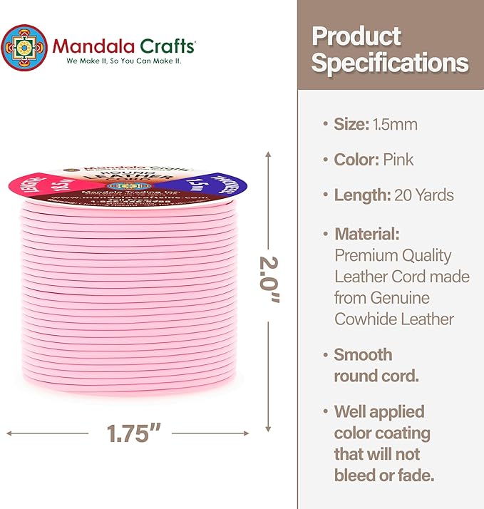 Mandala Crafts Round Genuine Pink Leather Cord for Jewelry Making – 1.5mm Cowhide Leather Rope String Lace for Kumihimo – 20 Yards Cowhide Craft Cording Spool