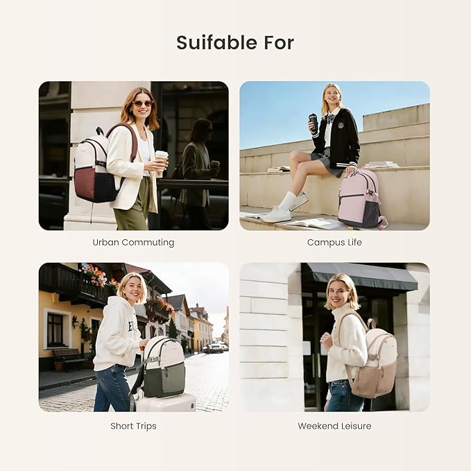 LOVEVOOK Everyday Backpack for Women, Chic Versatile Backpack with Water Bottle Pocket, Lightweight Waterproof Casual Daypack for City Work Commute, College, Travel & Gifts, Black-White-Brown