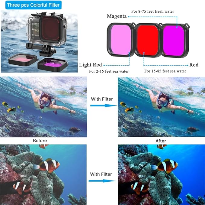 Accessories Bundle for DJI Osmo Action 5 Pro/Action 4/3 Waterproof Case Diving Housing Silicone Case Glass Screen Protector Film Whole Kit 60E (Kit1 for DJI Osmo Action 5 Pro/4/3)