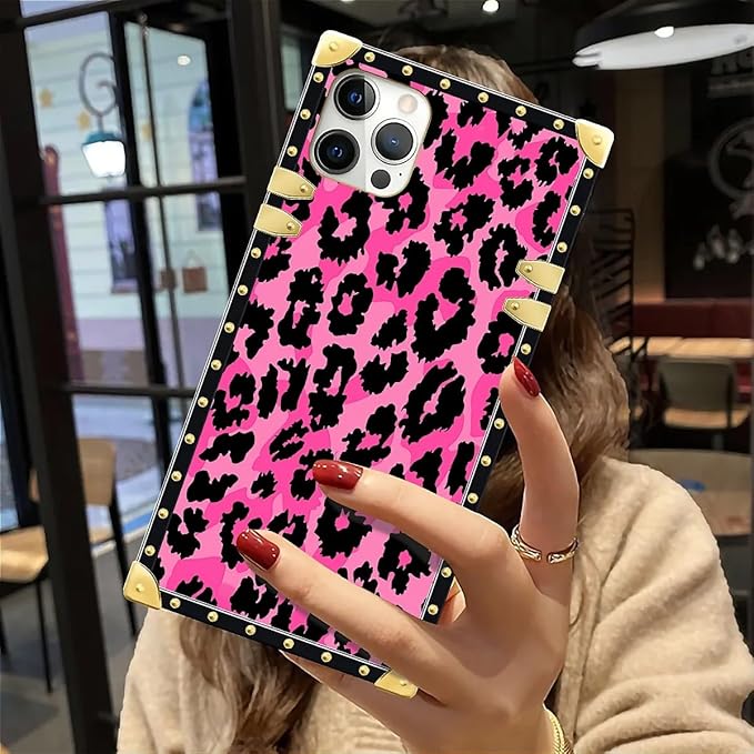 Compatible with iPhone 12 Case, Pink Black Leopard Luxury Golden Decoration for Girl Women Soft TPU Shockproof Protective Hard PC Back for iPhone 12 Pro