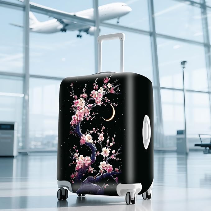 ANNA QUEEN Cherry Blossom & Moon Luggage Cover-Stretchable, Water Resistant & Durable Suitcase Protector,Universal Washable Fit for 32-34 Inch Checked Baggage