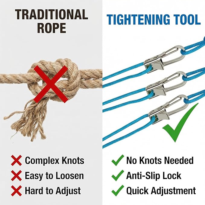 Rope Tightening Tool & Tensioner:6 Pack Rope with Roller Tensioner for Easy and Secure Tying,Heavy Duty Retractable Buckle with Accessory Cord for Camping Boating Home Storage Outdoor Use (Silver 9)