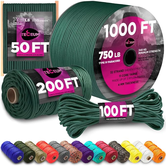 TECEUM 5/32" Paracord Rope 1000 – 1000ft / 200ft / 100ft / 50ft – Tactical Parachute Cord 4mm – 45+ Colors – Nylon String for Survival & Camping Gear – Stripe Cord for Survival – Utility Rope