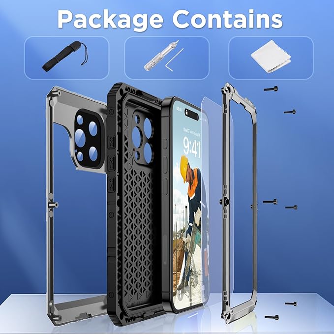Mitywah Waterproof Case for iPhone 16 Pro Max, Heavy Duty Metal Cover with Built-in Screen Protector, Military Grade Full Body Shockproof Rugged Protective Phone Case 6.9 inch, Silver